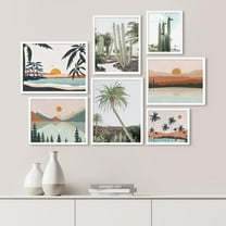 PixonSign Framed Canvas Print Wall Art Set - Pastel Ocean Sunshine Sunset Landscape Poster Art - Geometric Print Gallery Set of 7 Abstract Illustrations Digital Art Wall Décor for Home - White