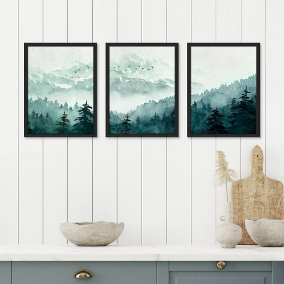 PixonSign Framed Canvas Print Wall Art Set - Pastel Snowy Mountain Pine Trees Art - Set of 3 Nature Wilderness Landscape Artwork Illustrations Wall Décor - 12"x16"x3 Panels Black
