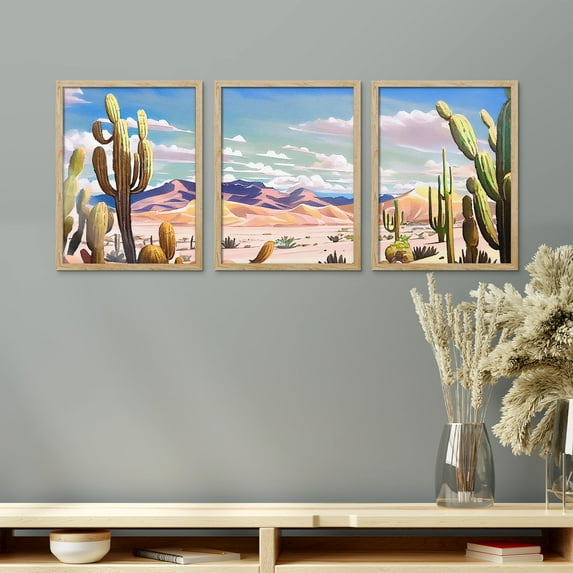 PixonSign Framed Canvas Print Wall Art Set - Pastel Vibrant Southwest Desert Landscape Art - Set of 3 Nature Cactus Mountain Range Wall Décor for Living Room, Bedroom - 12"x16" Panels Natural