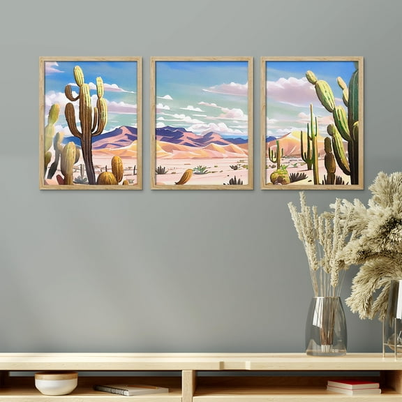 PixonSign Framed Canvas Print Wall Art Set - Pastel Vibrant Southwest Desert Landscape Art - Set of 3 Nature Cactus Mountain Range Wall Décor for Living Room, Bedroom - 8"x10" Panels Natural