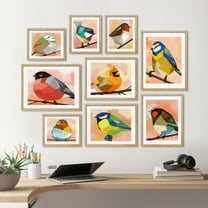 PixonSign Framed Canvas Print Wall Art Set - Pastel Watercolor Geometric Birds Poster Art - Spring Animals Print Gallery Set of 9 Abstract Illustrations Wall Décor for Home - Natural