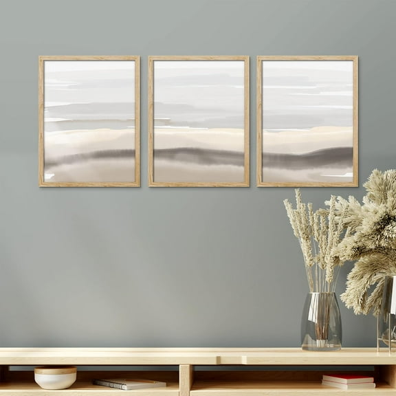 PixonSign Framed Canvas Print Wall Art Set - Pastel Watercolor Gray Paint Strokes Art - Set of 3 Pop Art Abstract Illustrations Print Minimalism Wall Décor - 12"x16"x3 Panels Natural