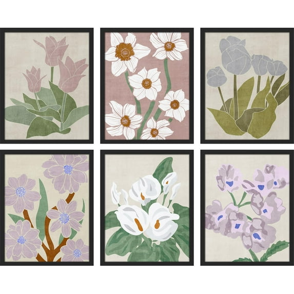 PixonSign Framed Canvas Print Wall Art Set - Pastel Watercolor Wildflower Botanical Posters - Set of 6 Vintage Retro Antique Mixed Media Country Cultural Art Wall Décor - 8"x10"x6 Black