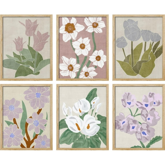 PixonSign Framed Canvas Print Wall Art Set - Pastel Watercolor Wildflower Botanical Posters - Set of 6 Vintage Retro Antique Mixed Media Country Cultural Art Wall Décor - 11"x14"x6 Natural