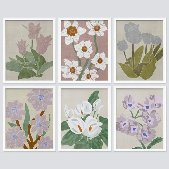 PixonSign Framed Canvas Print Wall Art Set - Pastel Watercolor Wildflower Botanical Posters - Set of 6 Vintage Retro Antique Mixed Media Country Cultural Art Wall Décor - 12"x16"x6 White