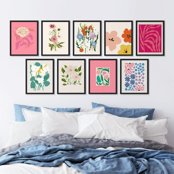 PixonSign Framed Canvas Print Wall Art Set - Pink Colorful Garden Flower Variety Poster Arts - Set of 9 Nature Wilderness Floral Botanical Vintage Wall Décor for Home Decoration - 12"x16" Black