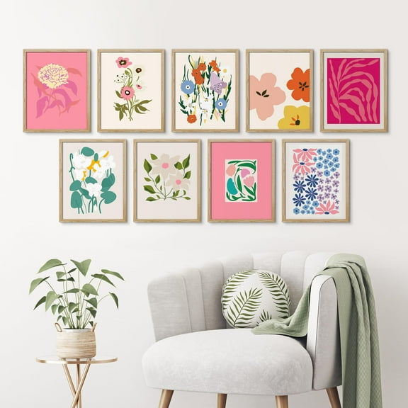 PixonSign Framed Canvas Print Wall Art Set - Pink Colorful Garden Flower Variety Poster Arts - Set of 9 Nature Wilderness Floral Botanical Vintage Wall Décor for Home Decoration - 11"x14" Natural