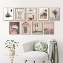 PixonSign Framed Canvas Print Wall Art Set - Pink Hued Architectural & Floral Landscape Posters - Set of 9 Travel Photography Art Boho Vintage Wall Décor for Home Decoration - 12"x16" Natural