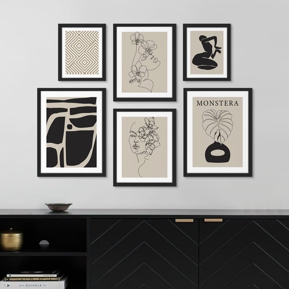 PixonSign Framed Canvas Print Wall Art Set - Polygon, Flower Woman, Monstera Black & Tan Poster Art - Collage Print Gallery Set of 6 Abstract Illustrations Wall Décor for Home - Black
