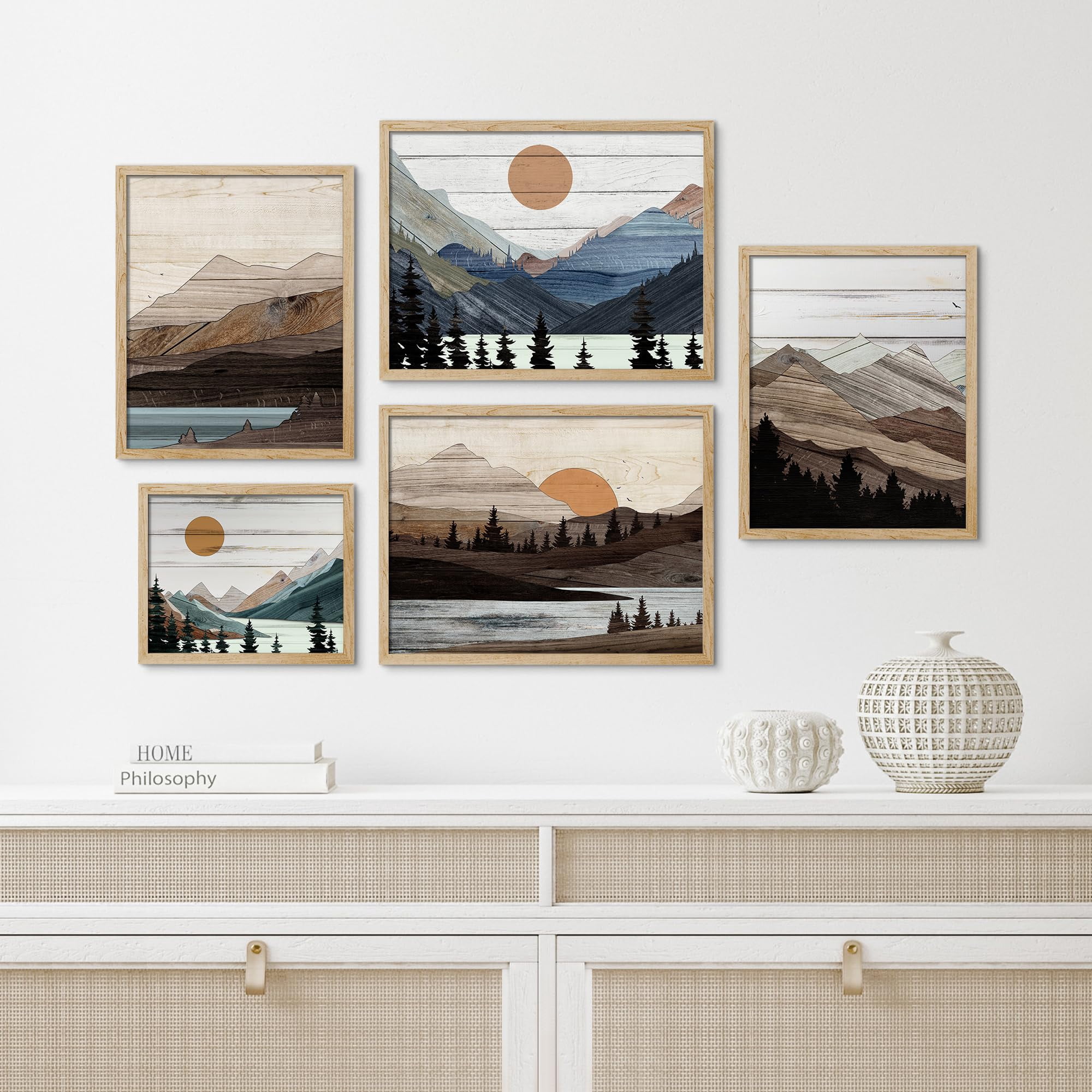 PixonSign Framed Canvas Print Wall Art Set - Retro Forest Mountain ...
