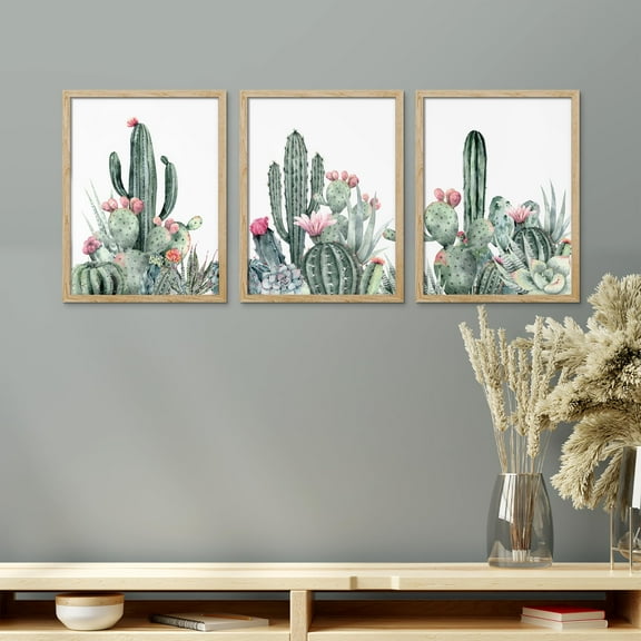 PixonSign Framed Canvas Print Wall Art Set - Rustic Blooming Pastel Flower Desert Cactus Posters - Set of 3 Colorful Pastel Nature Wilderness Botanical Wall Décor for Bedroom, Office - 12"x16" Natural