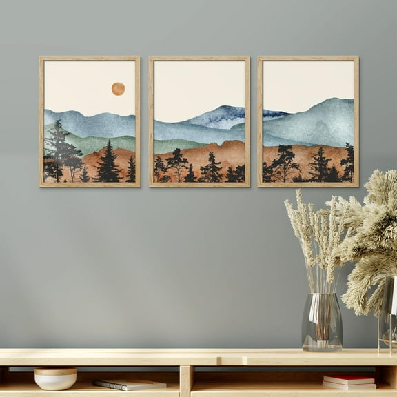 PixonSign Framed Canvas Print Wall Art Set - Rustic Hills Abstract Mountain Landscape Posters - Set of 3 Colorful Pastel Country/Farmhouse Wall Décor for Bedroom, Office - 12"x16" Natural