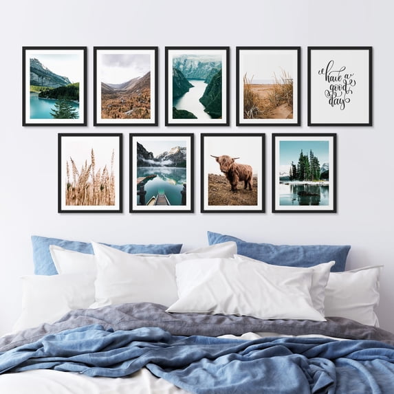 PixonSign Framed Canvas Print Wall Art Set - Rustic Mountain & Lake Poster Arts - Set of 9 Nature Wilderness Botanical & Animal Photography Wall Décor for Room Decoration - 12"x16" Black