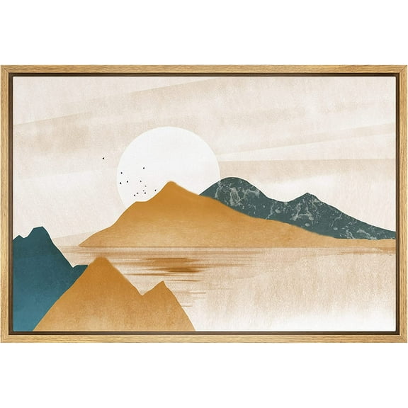 PixonSign Framed Canvas Print Wall Art Set Rustic Tan Mountain Range Valley Nature Wilderness Illustrations Modern Art Farmhouse/Country Landscape - 16"x24" Natural