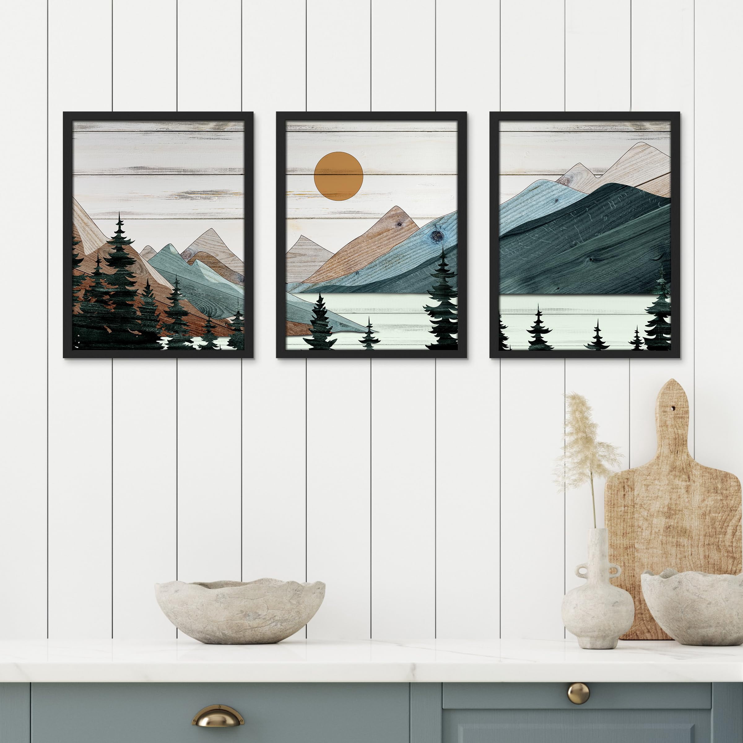 PixonSign Framed Canvas Print Wall Art Set - Rustic Wooden Mountain ...