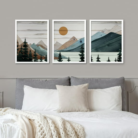 PixonSign Framed Canvas Print Wall Art Set - Rustic Wooden Mountain Landscape with Pine Trees Posters - Set of 3 Nature Wilderness Colorful Farmhouse Wall Décor for Living Room - 12"x16" White