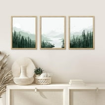 PixonSign Framed Canvas Print Wall Art Set - Sage Green Mountain Range Pine Tree Forest Art - Set of 3 Nature Wilderness Landscape Wall Décor for Living Room, Bedroom - 12"x16"x3 Panels Natural