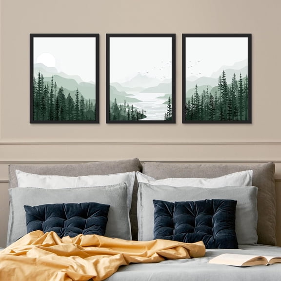 PixonSign Framed Canvas Print Wall Art Set - Sage Green Mountain Range Pine Tree Forest Art - Set of 3 Nature Wilderness Landscape Wall Décor for Living Room, Bedroom - 12"x16"x3 Panels Black