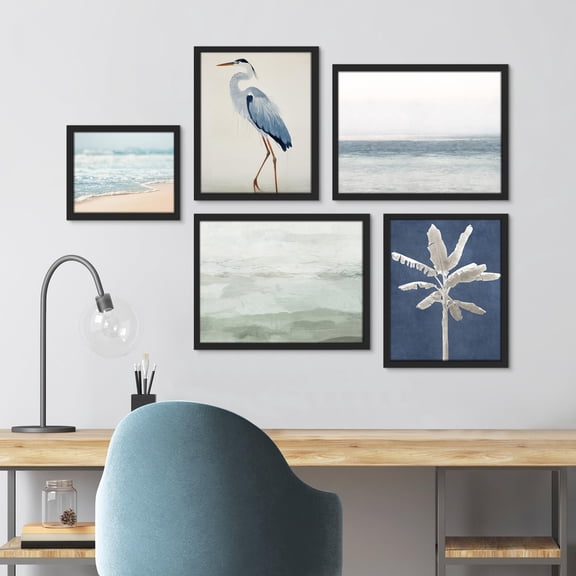 PixonSign Framed Canvas Print Wall Art Set - Sea Ocean & Bird & Plant Landscape Poster Art - Collage Print Gallery Set of 5 Nature Wilderness Modern Digital Art Wall Décor for Home - Black