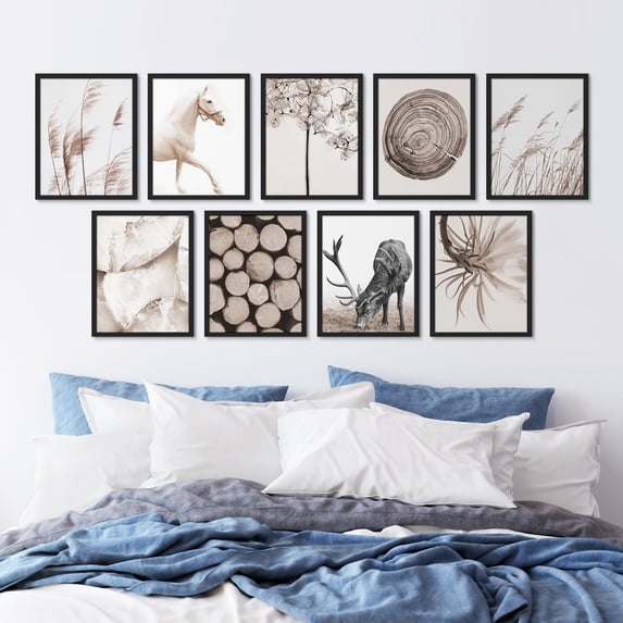 PixonSign Framed Canvas Print Wall Art Set - Sepia Horse & Deer Animal Florals Posters - Set of 9 Nature Wilderness Photography Modern Art Farmhouse Wall Décor for Rooms - 11"x14" Black