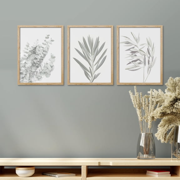 PixonSign Framed Canvas Print Wall Art Set - Sophisticated Silver Foliage Elegant Monochrome Plants Posters - Set of 3 Nature Wilderness Botanical Arts Wall Décor for Living Room - 8"x10" Natural