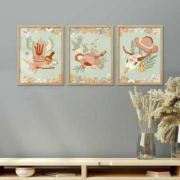 PixonSign Framed Canvas Print Wall Art Set - Southwest Cowboy Boot & Hat Poster Art - Set of 3 Desert Cactus Botanical Landscape Prints Boho Wall Décor for Living Room - 12"x16"x3 Natural