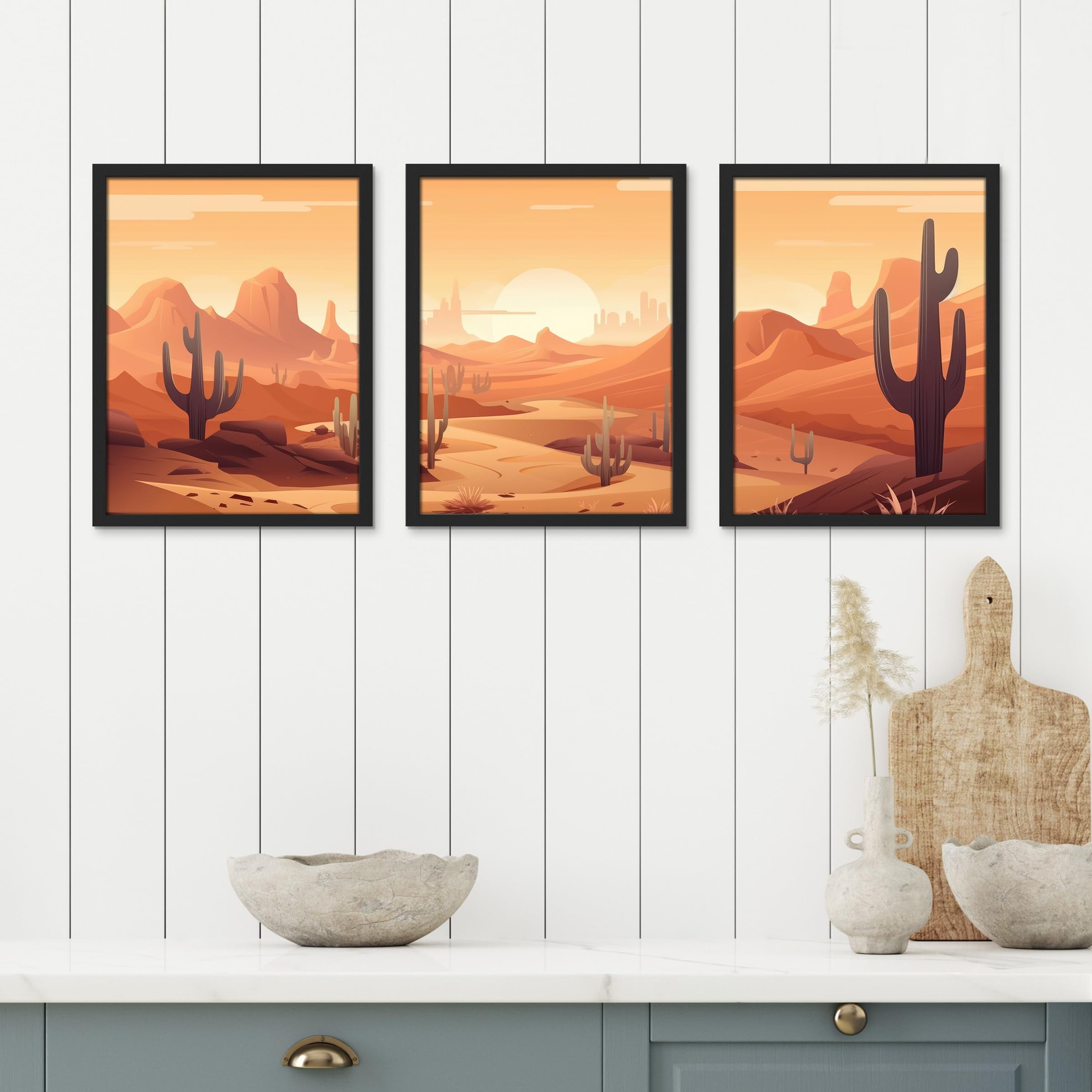 PixonSign Framed Canvas Print Wall Art Set - Southwest Sunset Cactus ...