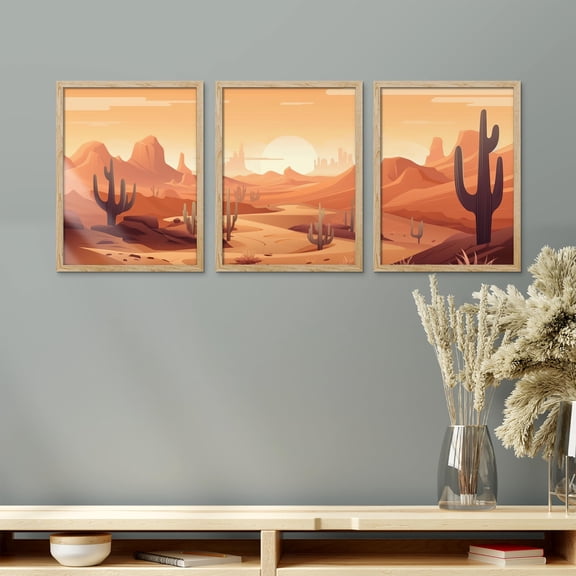 PixonSign Framed Canvas Print Wall Art Set - Southwest Sunset Cactus Art - Set of 3 Mid-Century Desert Plants Nature Landscape Wall Décor for Living Room, Bedroom - 8"x10" Panels Natural