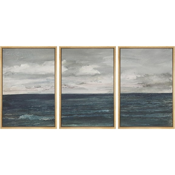 PixonSign Framed Canvas Print Wall Art Set Storm Cloud Blue Ocean Wave Coastal Seascape Nature Wilderness Illustrations Modern Art Decorative Rustic Relax/Calm Colorful for Bedroom - 16"x24"x3 Natural