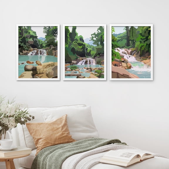 PixonSign Framed Canvas Print Wall Art Set - Summer Forest River Rapid Landscape Posters - Set of 3 Wilderness Nature Pop Art Prints Pastel Wall Décor for Living Room - 12"x16" White