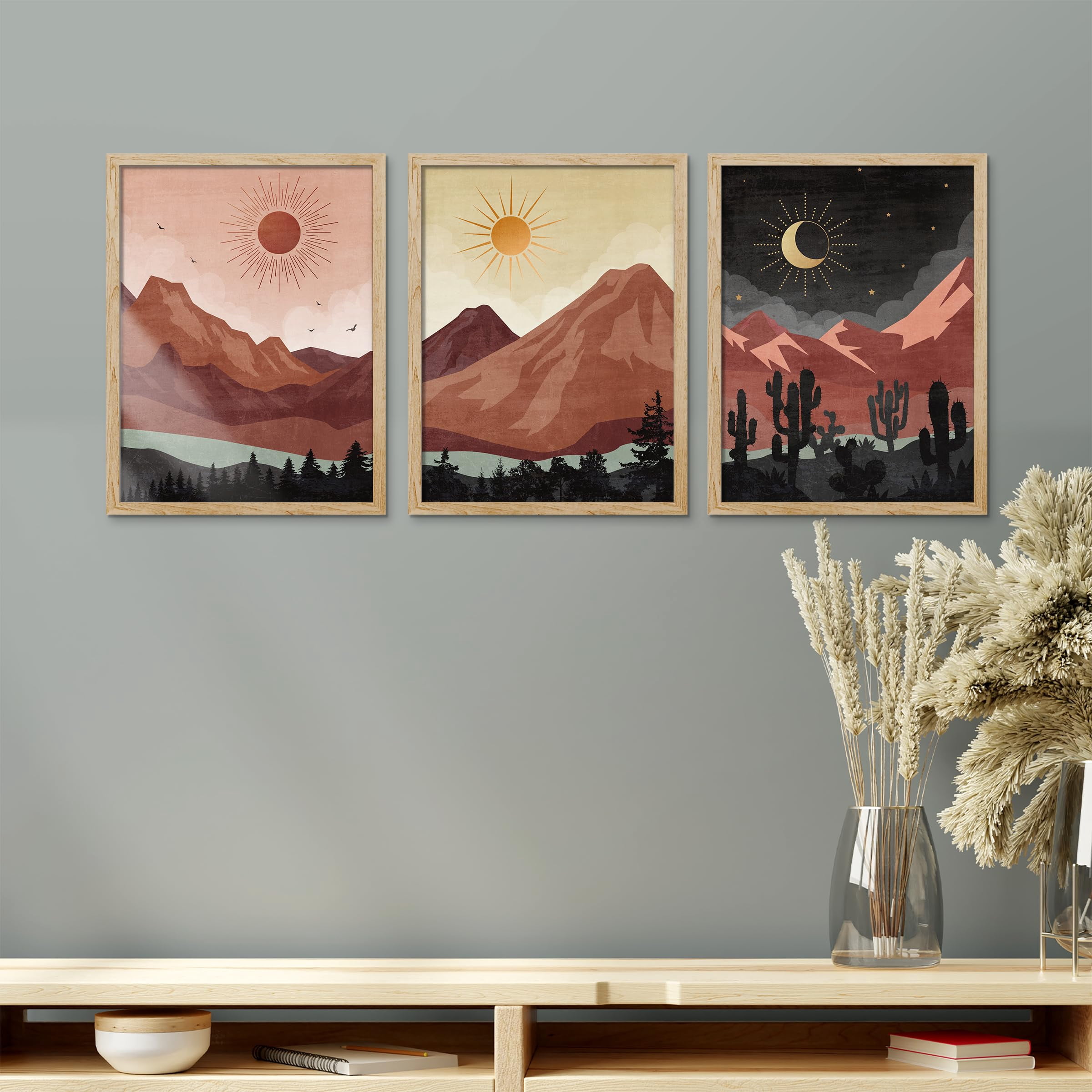 PixonSign Framed Canvas Print Wall Art Set - Sun & Crescent Moon Desert ...