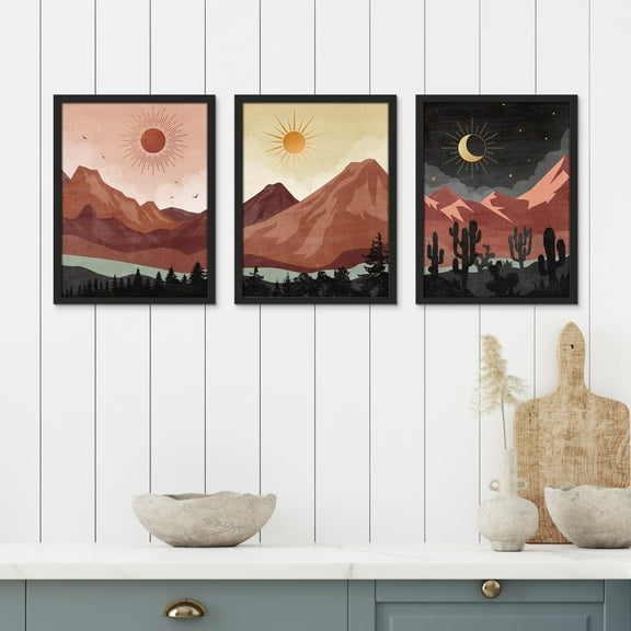 PixonSign Framed Canvas Print Wall Art Set - Sun & Crescent Moon Desert Landscape Posters - Set of 3 Wilderness Nature Mountain Illustrations Pastel Wall Décor for Living Room - 8"x10" Black