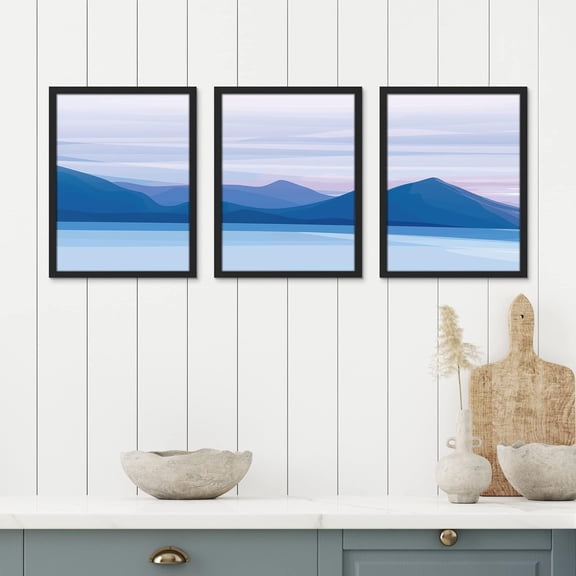 PixonSign Framed Canvas Print Wall Art Set - Sun Purple Pink Sky Blue Mountain Range Art - Set of 3 Abstract Geometric Illustrations Gradient Colorful Art Wall Décor - 12"x16"x3 Panels Black