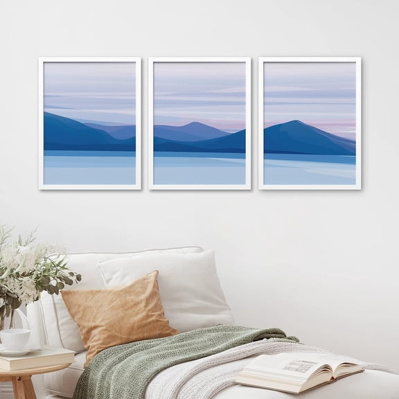 PixonSign Framed Canvas Print Wall Art Set - Sun Purple Pink Sky Blue Mountain Range Art - Set of 3 Abstract Geometric Illustrations Gradient Colorful Art Wall Décor - 12"x16"x3 Panels White
