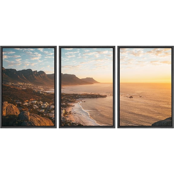 PixonSign Framed Canvas Print Wall Art Set Sunset Horizon Mountain Range Ocean Urban Architecture Photography Realism Scenic Landscape Decorative Colorful Multicolor for Bedroom - 24"x36"x3 Black