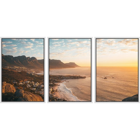 PixonSign Framed Canvas Print Wall Art Set Sunset Horizon Mountain Range Ocean Urban Architecture Photography Realism Scenic Landscape Decorative Colorful Multicolor for Bedroom- 16"x24"x3 White