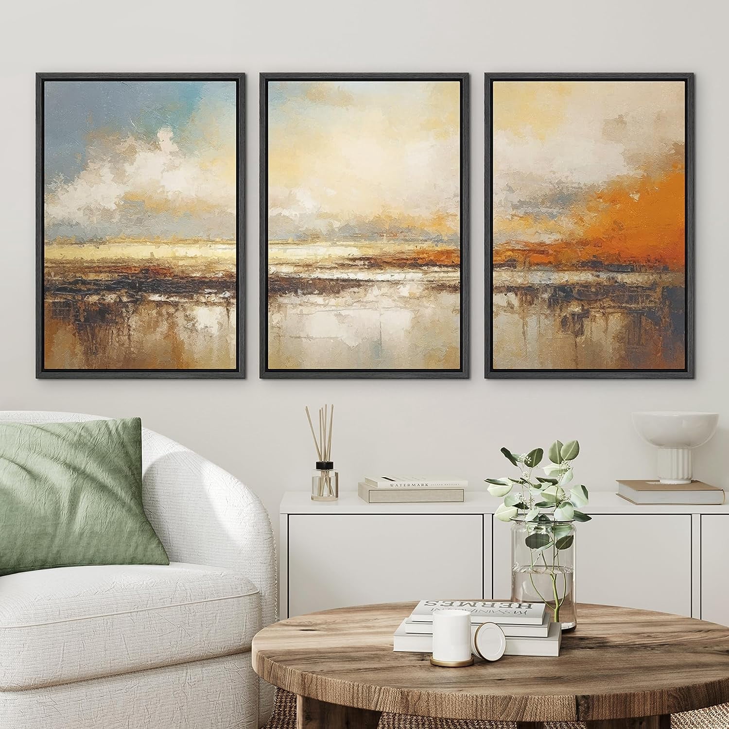 PixonSign Framed Canvas Print Wall Art Set Sunset Over Autumn Lake ...