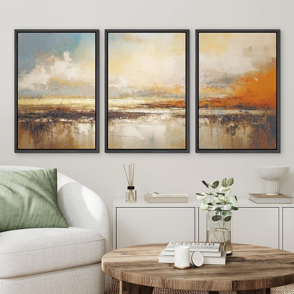 PixonSign Framed Canvas Print Wall Art Set Sunset Over Autumn Lake Watercolor Pastel Landscape Nature Wilderness Illustrations Modern Art Decorative Rustic Calm Colorful for Bedroom - 16"x24"x3 Black