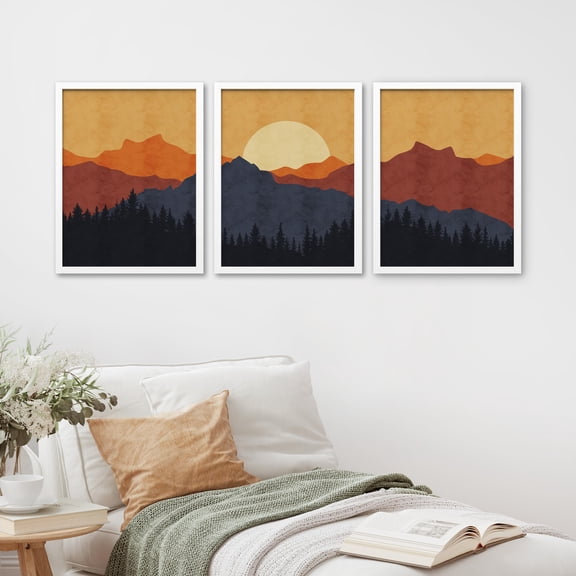 PixonSign Framed Canvas Print Wall Art Set - Sunset Silhouettes Mountain and Forest Posters - Set of 3 Geometric Abstract Nature Landscape Prints Retro Wall Décor for Living Room - 8"x10" White
