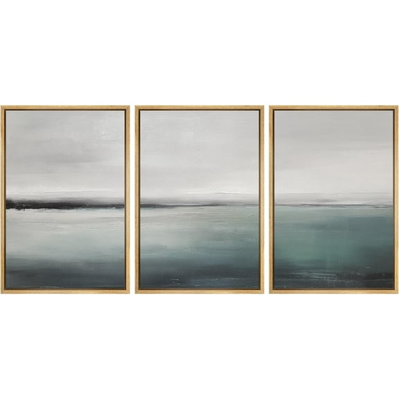 PixonSign Framed Canvas Print Wall Art Set Teal Ocean Horizon Cloud Sky Nature Wilderness Fine Art Illustrations Decorative Multicolor Landscape Rustic Country/Farmhouse - 16"x24"x3 Natural