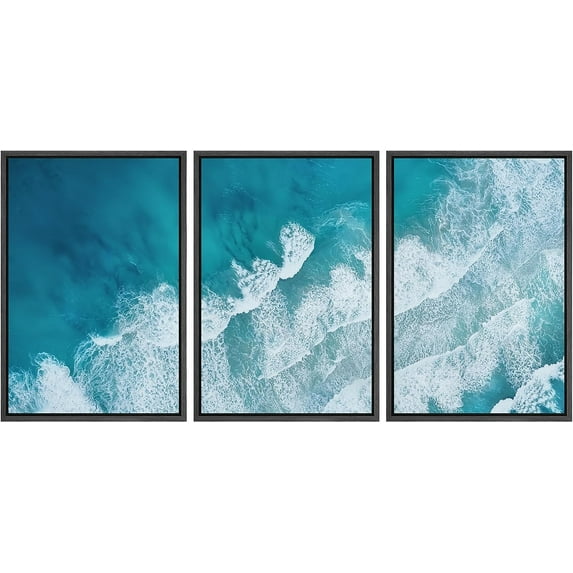 PixonSign Framed Canvas Print Wall Art Set Teal Ocean Wave Beach Shore Coastal Seascape Landscape Nature Wilderness Modern Decorative Nautical Blue Calm/Relax/Cozy - 16"x24"x3 Black