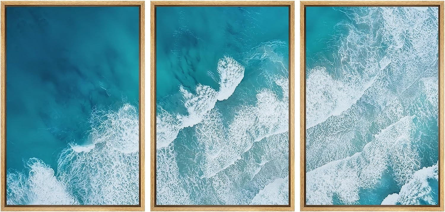PixonSign Framed Canvas Print Wall Art Set Teal Ocean Wave Beach Shore ...