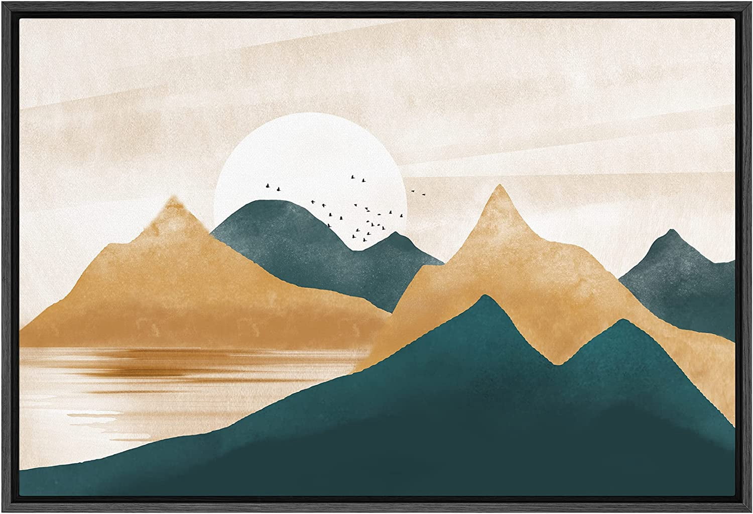 PixonSign Framed Canvas Print Wall Art Set Teal Tan Mountain Range ...