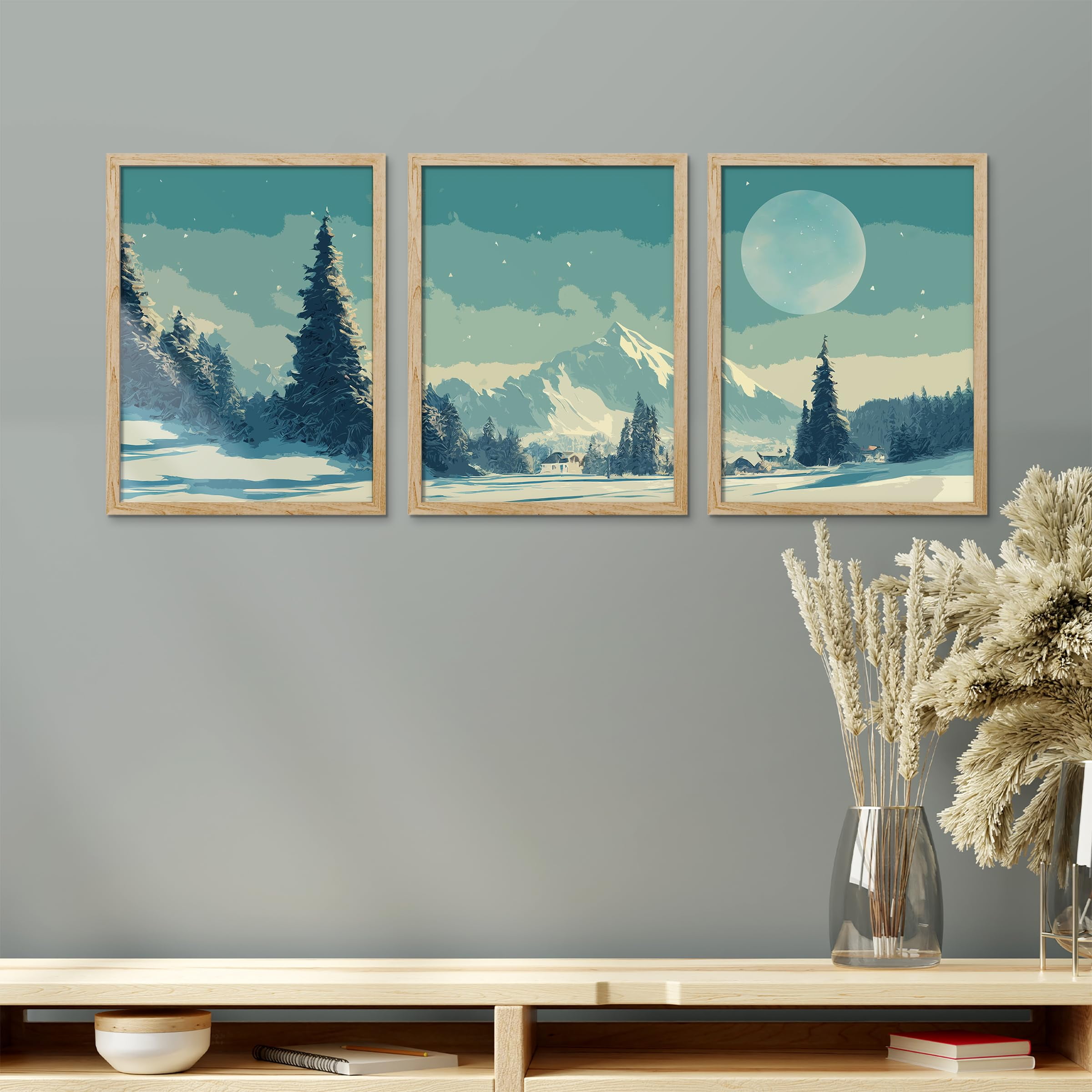 PixonSign Framed Canvas Print Wall Art Set - Teal Winter Snowy Pine ...