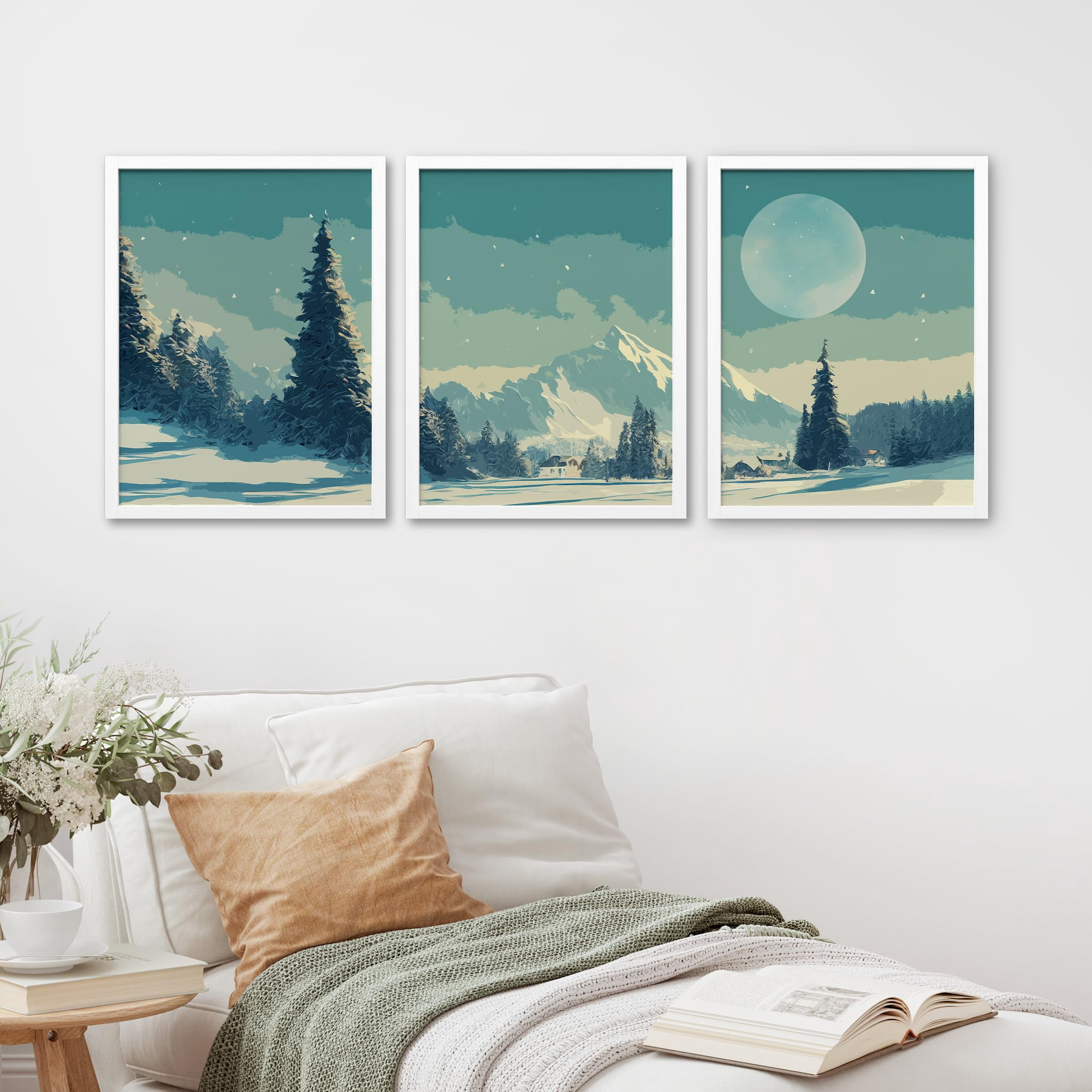 PixonSign Framed Canvas Print Wall Art Set - Teal Winter Snowy Pine ...