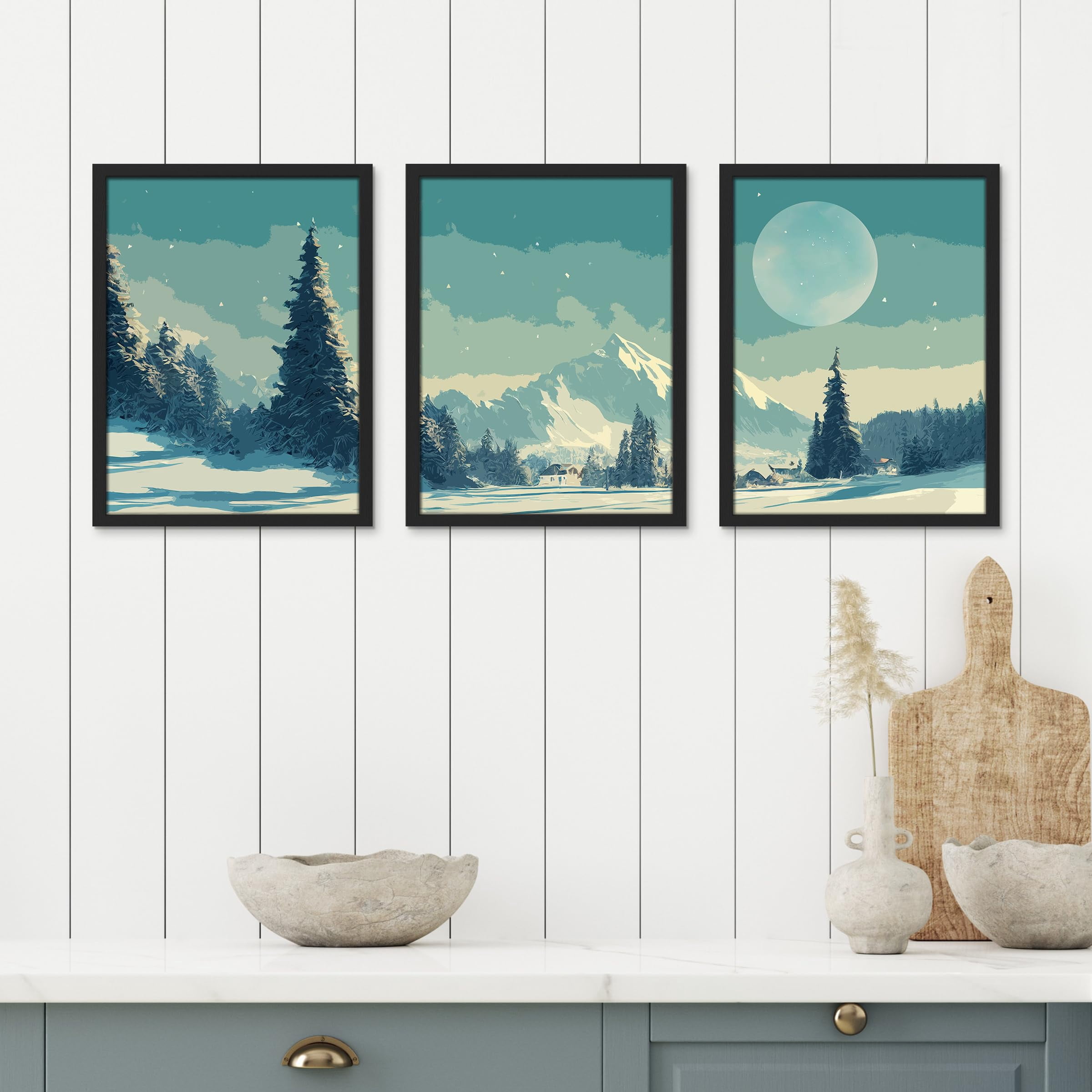 PixonSign Framed Canvas Print Wall Art Set - Teal Winter Snowy Pine ...