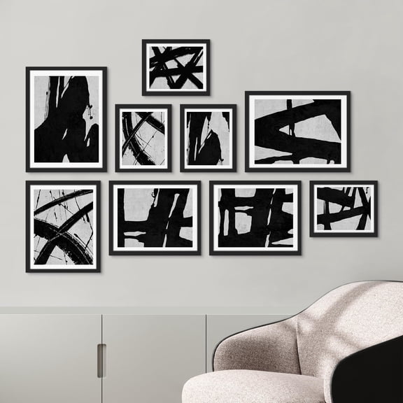 PixonSign Framed Canvas Print Wall Art Set - Thick Black Brushstroke Line Art Posters - Gallery Set of 9 Variety Abstract Geometric Street Graffiti Prints Wall Décor for Rooms - Black