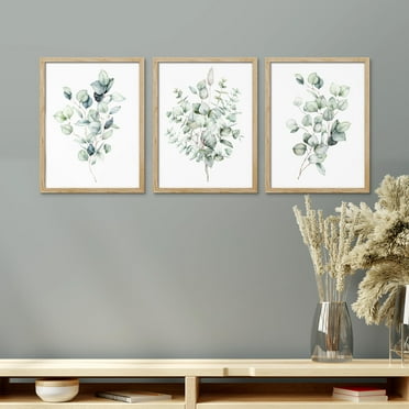 PixonSign Framed Canvas Print Wall Art Set - Tranquil Eucalyptus Watercolor Soft Green Botanical Posters - Set of 3 Nature Wilderness Plants Modern Arts Wall Décor for Living Room - 11"x14" Natural