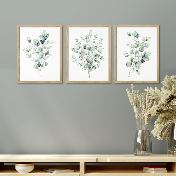 PixonSign Framed Canvas Print Wall Art Set - Tranquil Eucalyptus Watercolor Soft Green Botanical Posters - Set of 3 Nature Wilderness Plants Modern Arts Wall Décor for Living Room - 12"x16" Natural