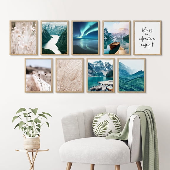 PixonSign Framed Canvas Print Wall Art Set - Tranquil Landscape and Inspirational Quote Posters - Set of 9 Nature Wilderness Photography Art Farmhouse Wall Décor for Rooms - 12"x16" Natural